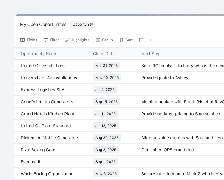 Scratchpad views panel and My Open Opportunities sheet